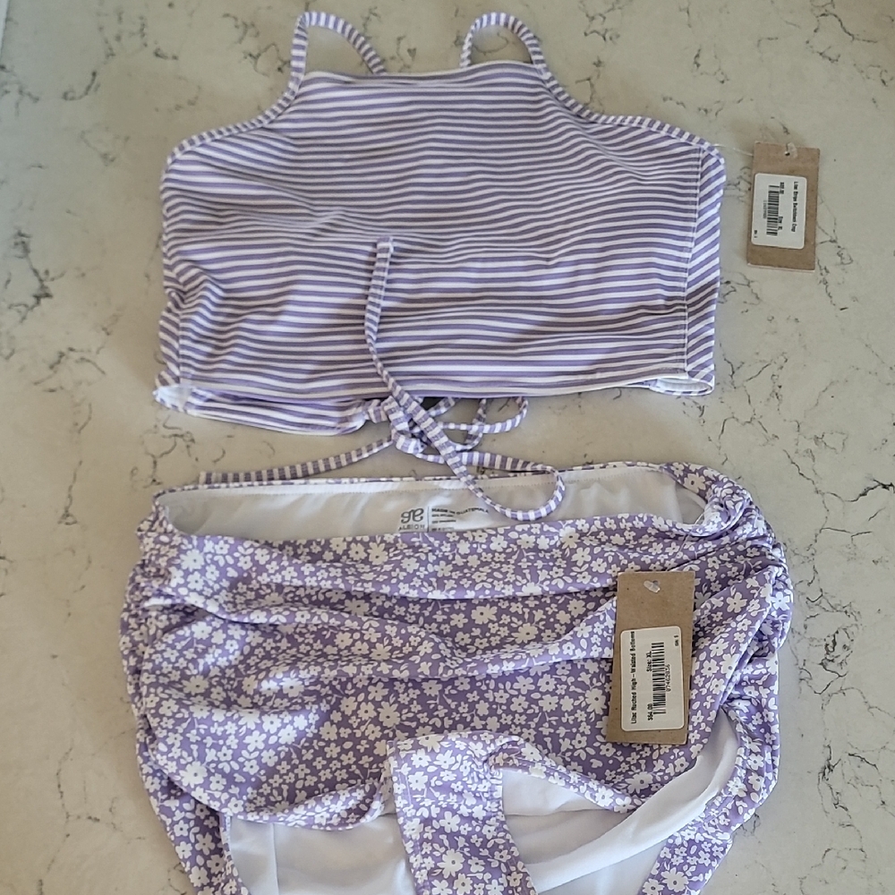 Albion Lilac Striped Top and Floral High Waisted Ruched Bottoms Xl (Set)